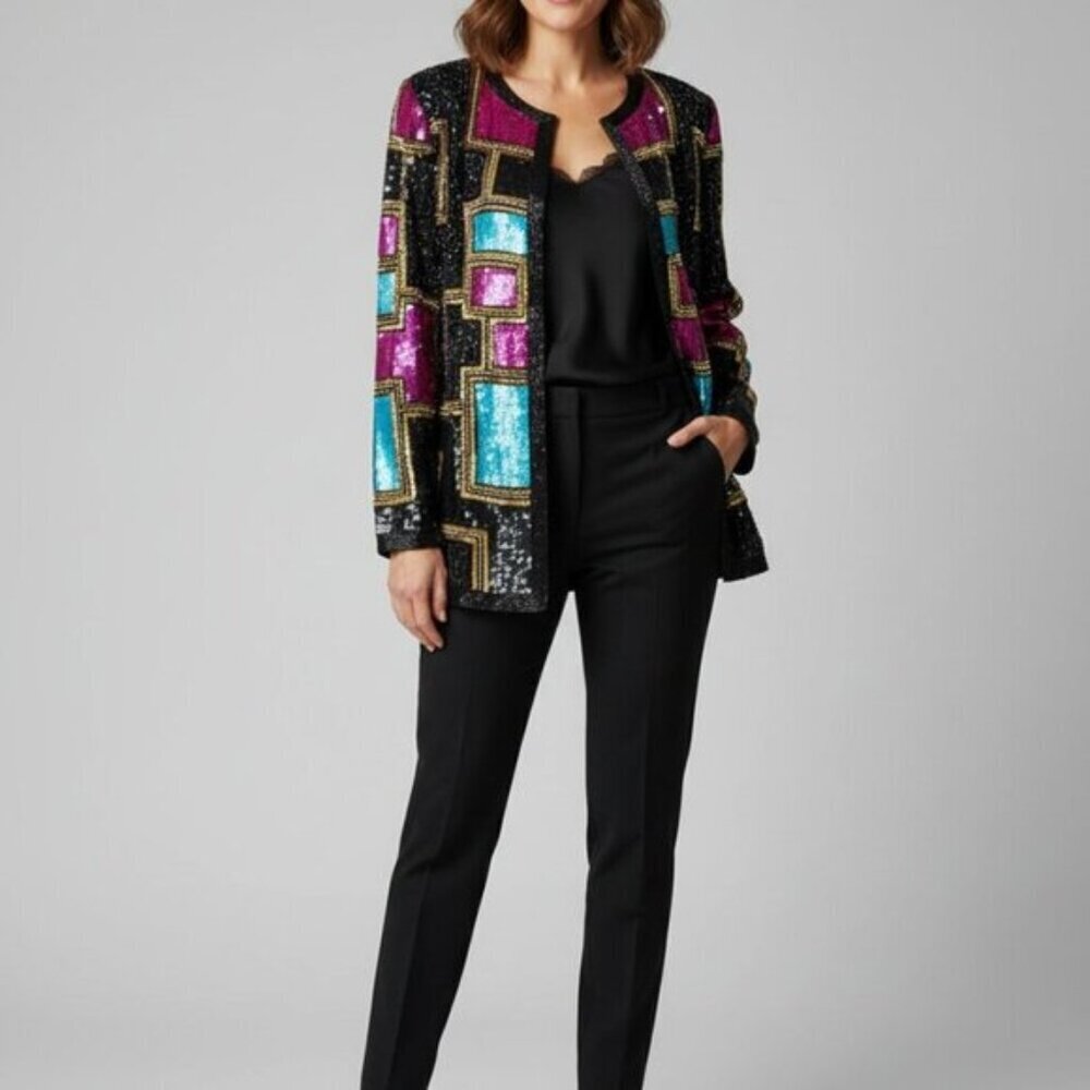 Vintage 80s Carina Silk Sequin Beaded Jacket Black Statement Evening Blazer L